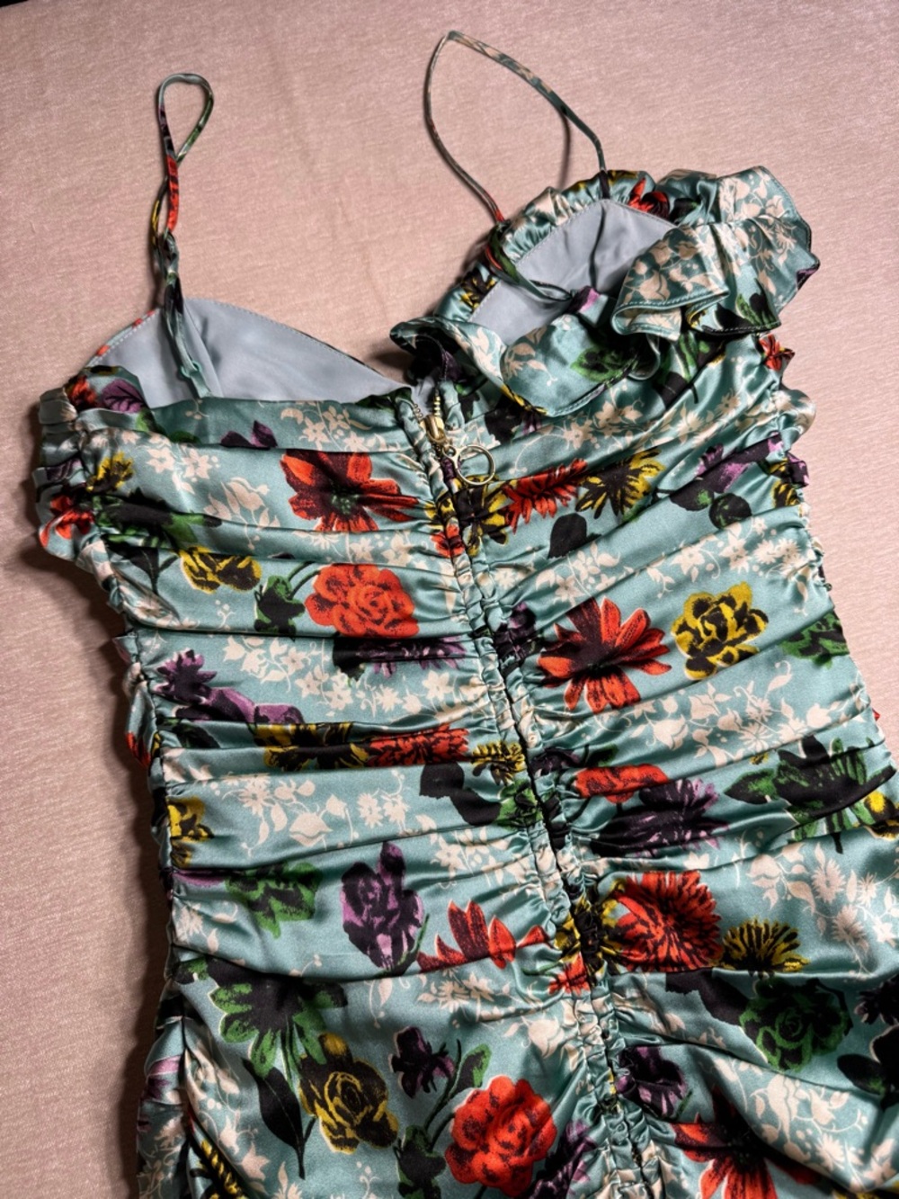 Vintage 90s Betsey Johnson Ruffled and Ruched Silk Floral Dress - Picture 8 of 8